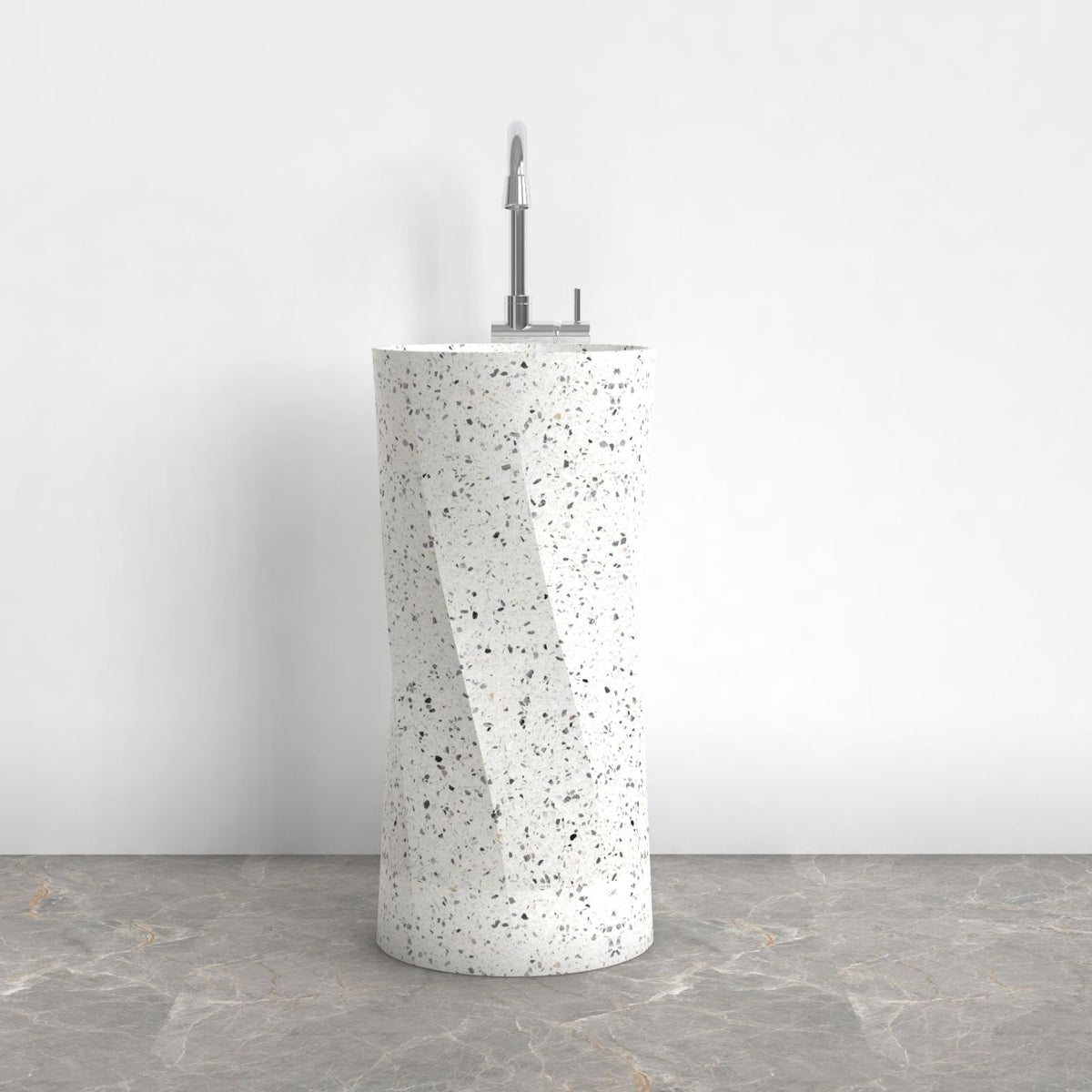 Pavia Alba White Terrazzo Pedestal Sink — front room view showing the full-height pedestal