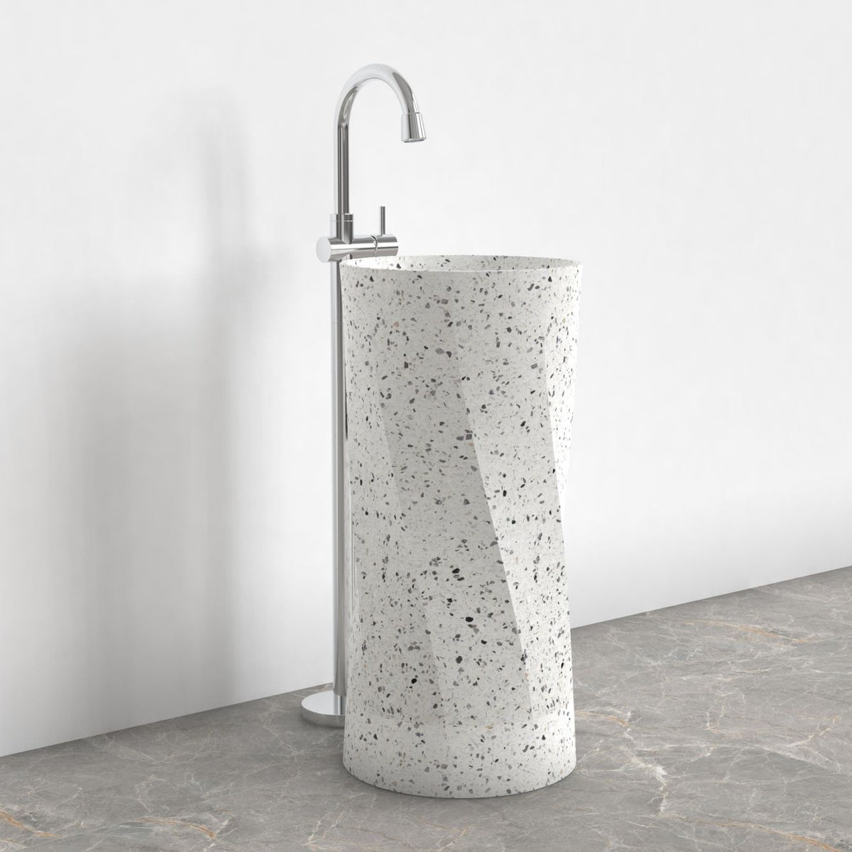 Pavia Alba White Terrazzo Pedestal Sink — alternate room angle showing the complete product profile