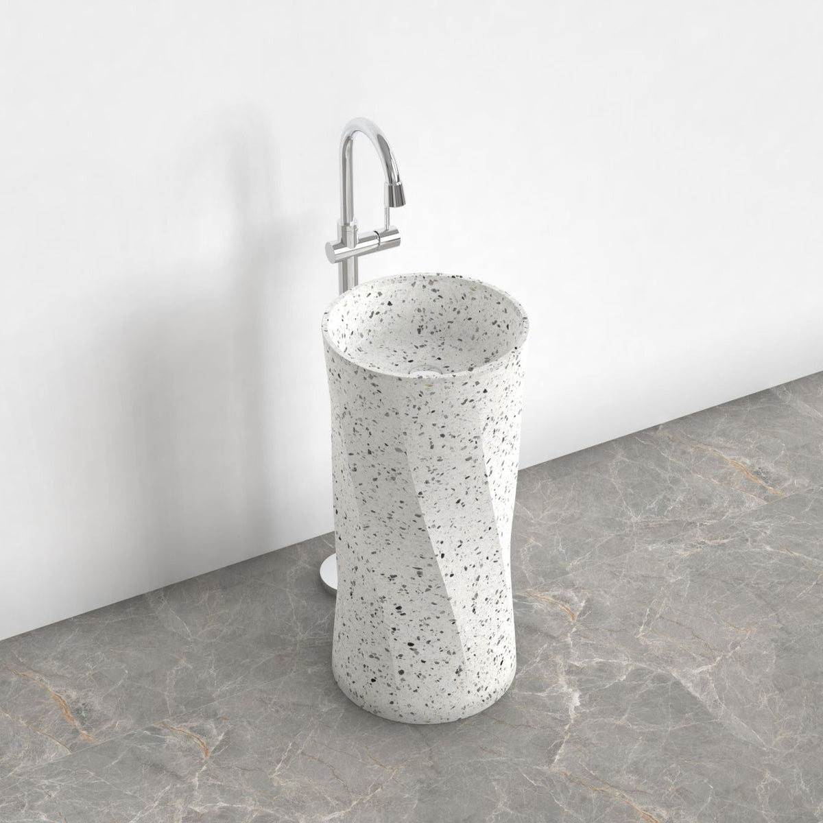 Pavia Alba White Terrazzo Pedestal Sink — upper basin view with rim, interior and fine terrazzo aggregate