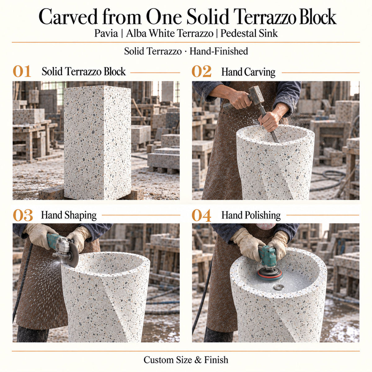 Pavia Alba White Terrazzo Pedestal Sink carved from one solid terrazzo block with hand carving, shaping and polishing