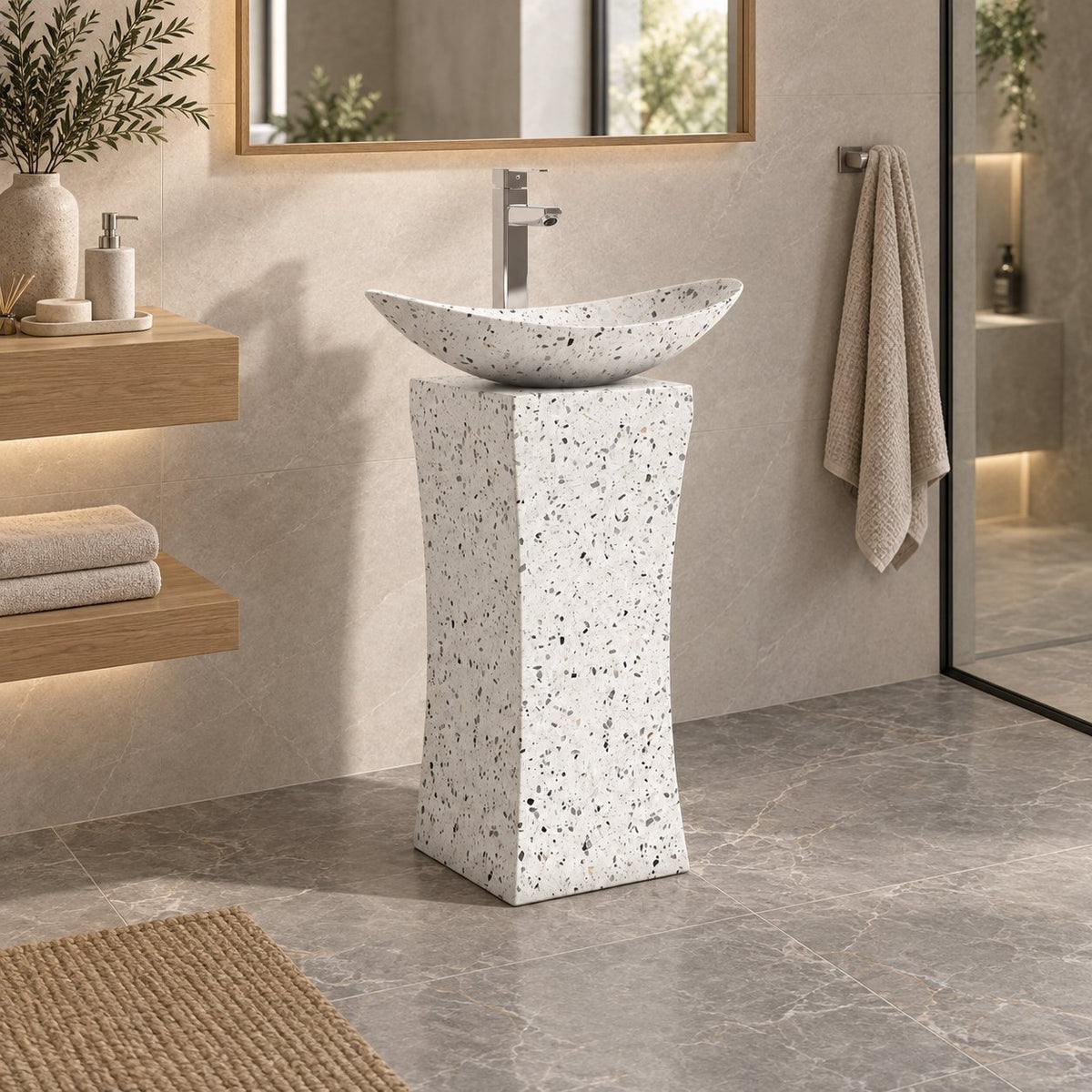 Payal Alba White Terrazzo Pedestal Sink — three-quarter full pedestal bathroom lifestyle