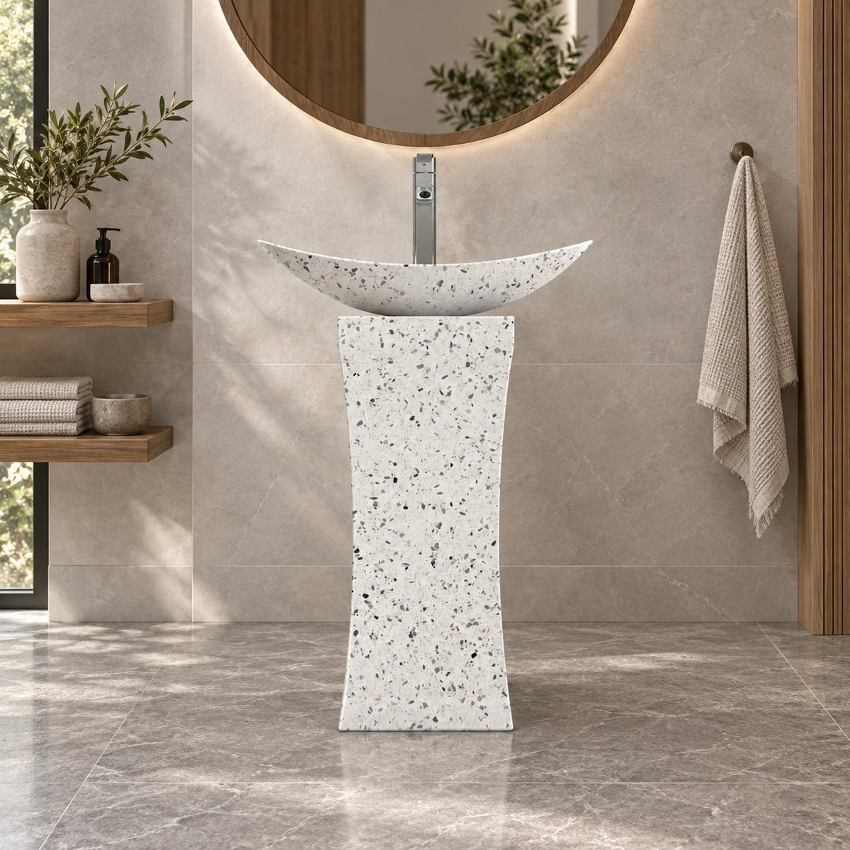 Payal Alba White Terrazzo Pedestal Sink — low frontal full pedestal bathroom lifestyle