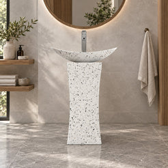 Payal Alba White Terrazzo Pedestal Sink — low frontal full pedestal bathroom lifestyle