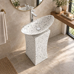 Payal Alba White Terrazzo Pedestal Sink — elevated full pedestal bathroom lifestyle