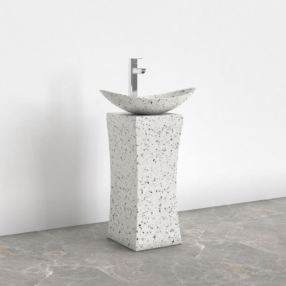 Payal Alba White Terrazzo Pedestal Sink — complete pedestal and wash basin in a bathroom setting
