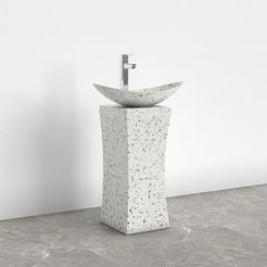 Payal Alba White Terrazzo Pedestal Sink — complete pedestal and wash basin in a bathroom setting