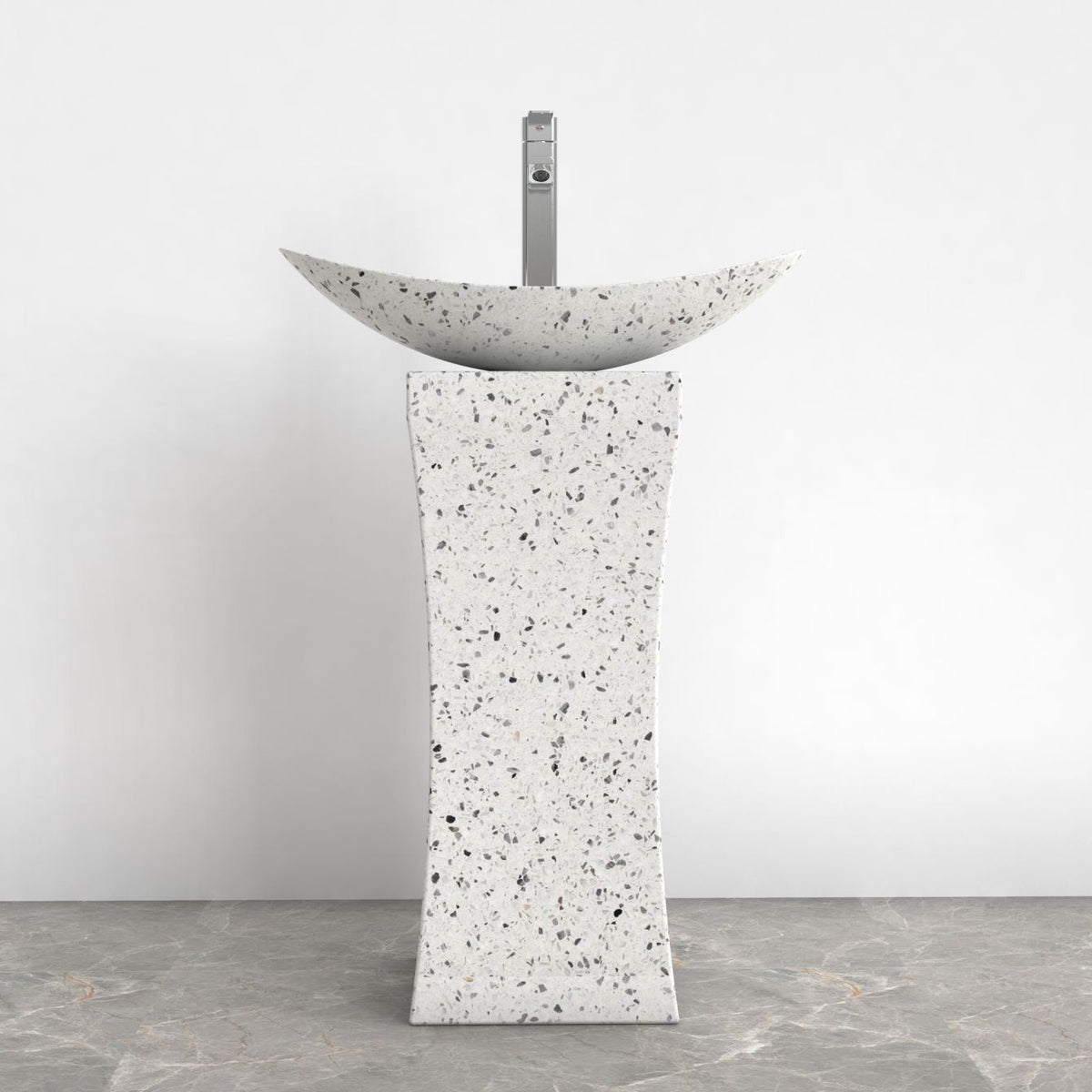 Payal Alba White Terrazzo Pedestal Sink — front room view showing the full-height pedestal