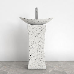 Payal Alba White Terrazzo Pedestal Sink — front room view showing the full-height pedestal