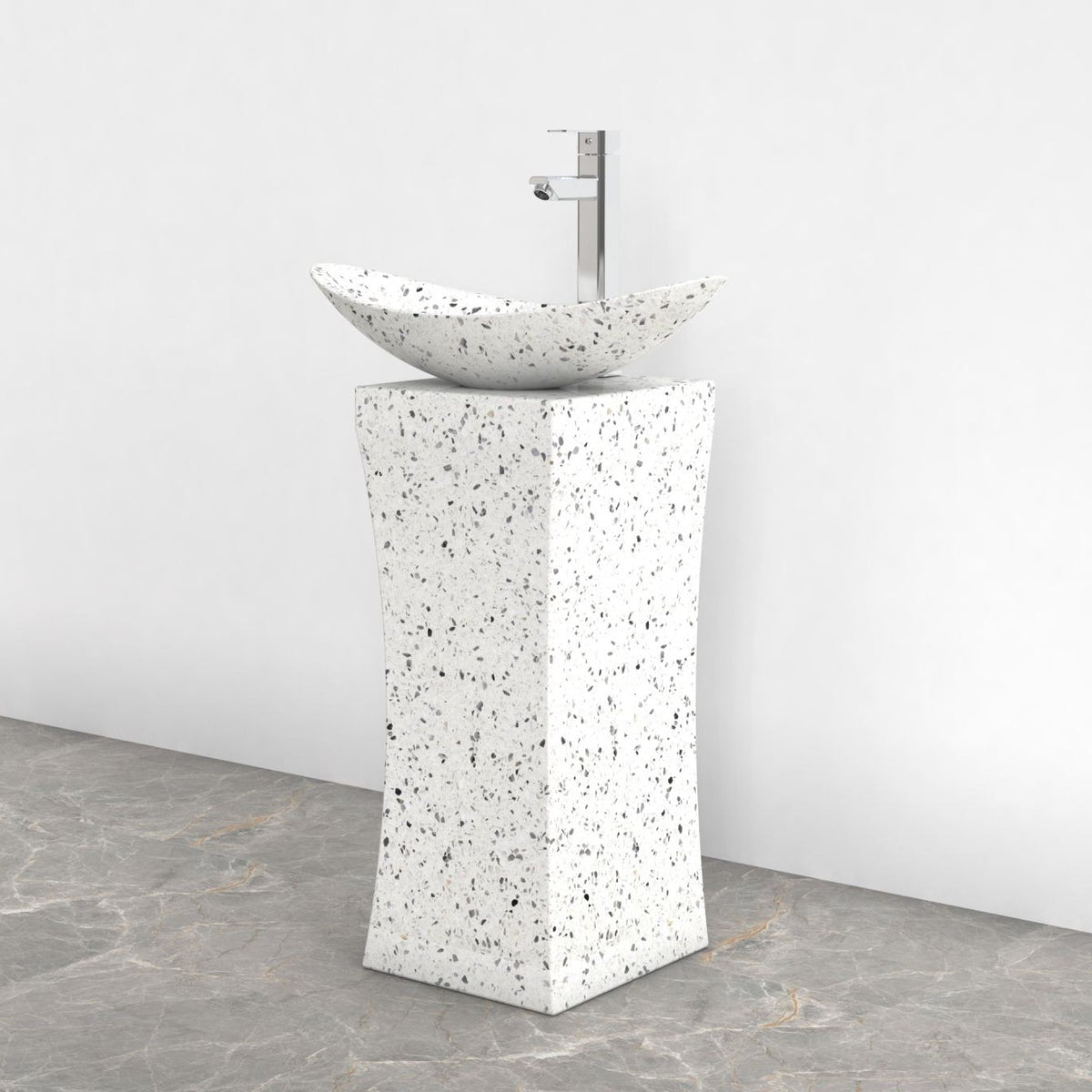 Payal Alba White Terrazzo Pedestal Sink — alternate room angle showing the complete product profile