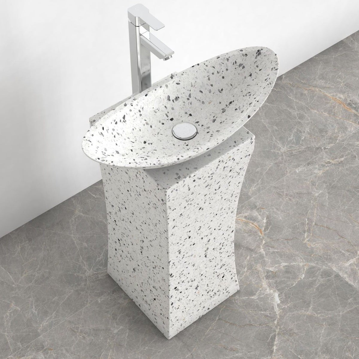 Payal Alba White Terrazzo Pedestal Sink — upper basin view with rim, interior and fine terrazzo aggregate