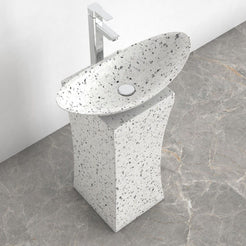 Payal Alba White Terrazzo Pedestal Sink — upper basin view with rim, interior and fine terrazzo aggregate
