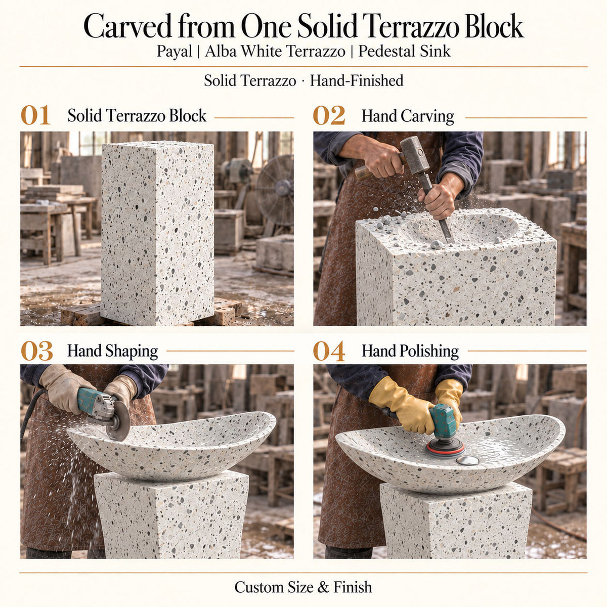 Payal Alba White Terrazzo Pedestal Sink carved from one solid terrazzo block with hand carving, shaping and polishing