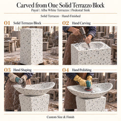 Payal Alba White Terrazzo Pedestal Sink carved from one solid terrazzo block with hand carving, shaping and polishing