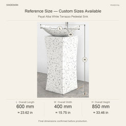 Payal Alba White Terrazzo Pedestal Sink reference overall dimensions in millimeters and inches