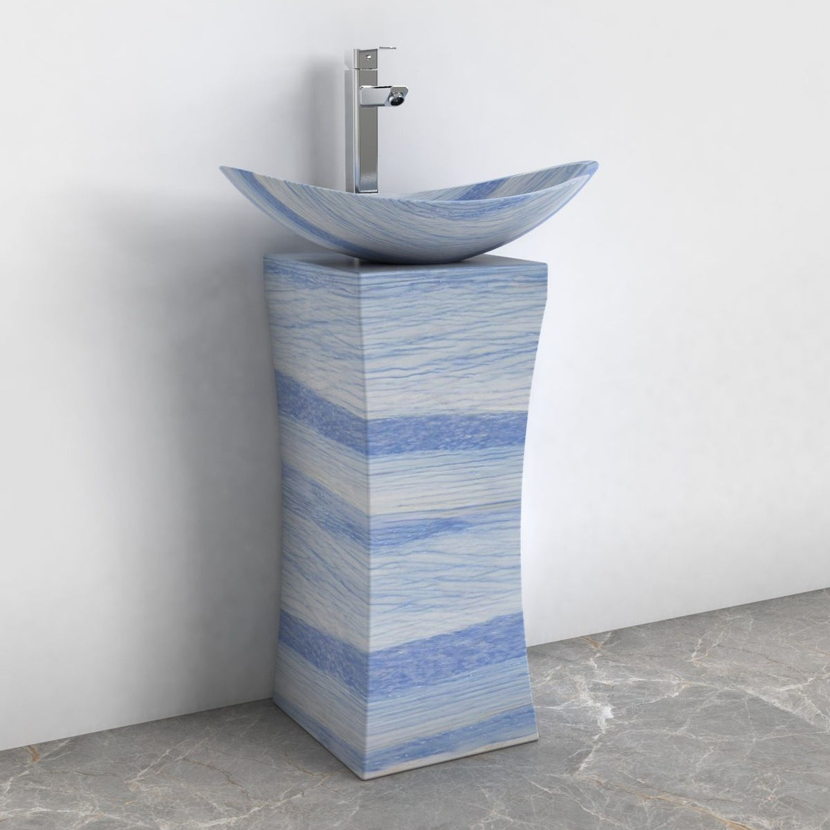 Payal Azura Blue Quartzite Pedestal Sink — complete pedestal sink from basin rim to floor in a bathroom corner