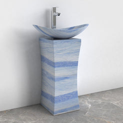 Payal Azura Blue Quartzite Pedestal Sink — complete pedestal sink from basin rim to floor in a bathroom corner