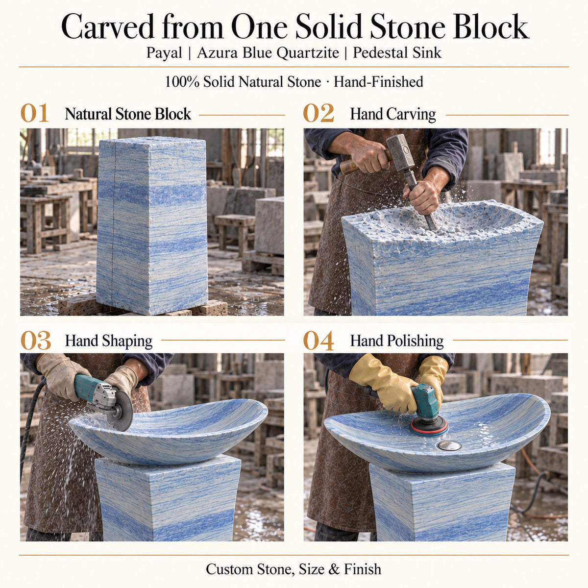Payal Azura Blue Quartzite Pedestal Sink carved from one solid natural stone block with hand carving, shaping and polishing