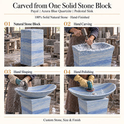 Payal Azura Blue Quartzite Pedestal Sink carved from one solid natural stone block with hand carving, shaping and polishing