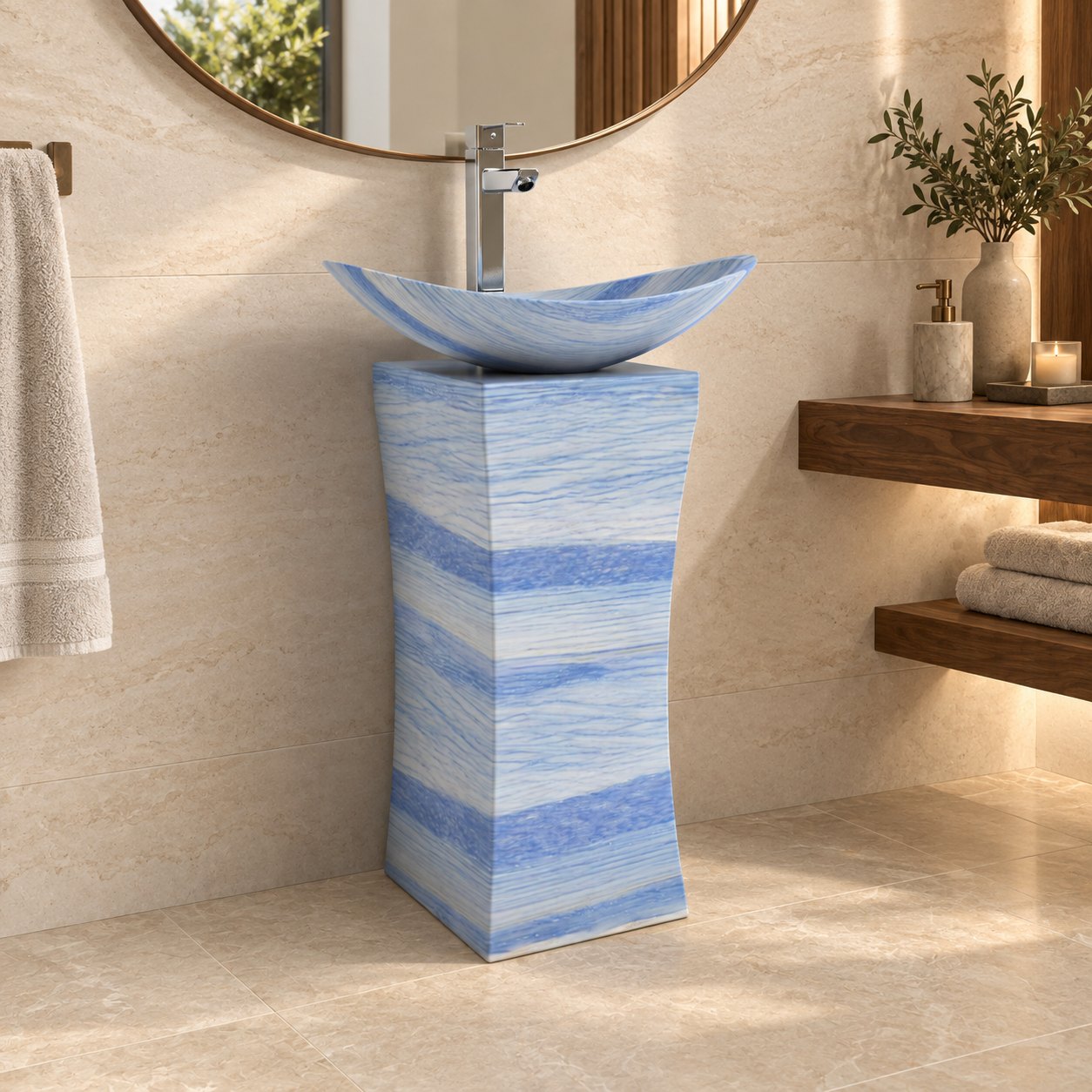 Payal Azura Blue Quartzite Pedestal Sink — three-quarter full pedestal bathroom lifestyle