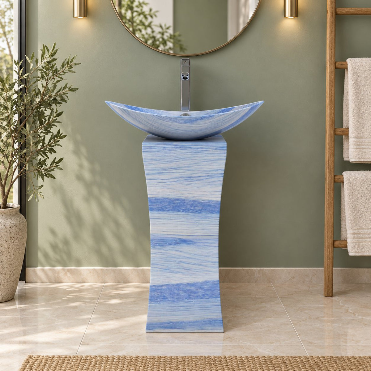 Payal Azura Blue Quartzite Pedestal Sink — frontal full pedestal bathroom lifestyle