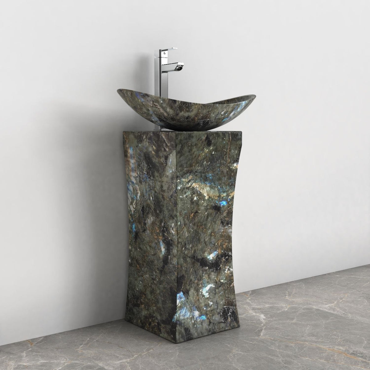 Payal Celestia Blue Quartzite Pedestal Sink — alternate bathroom angle showing the full product and side profile