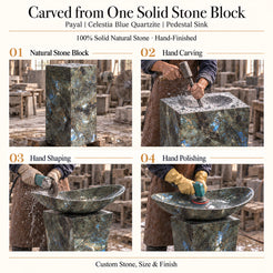 Payal Celestia Blue Quartzite Pedestal Sink carved from one solid natural stone block with hand carving, shaping and polishing