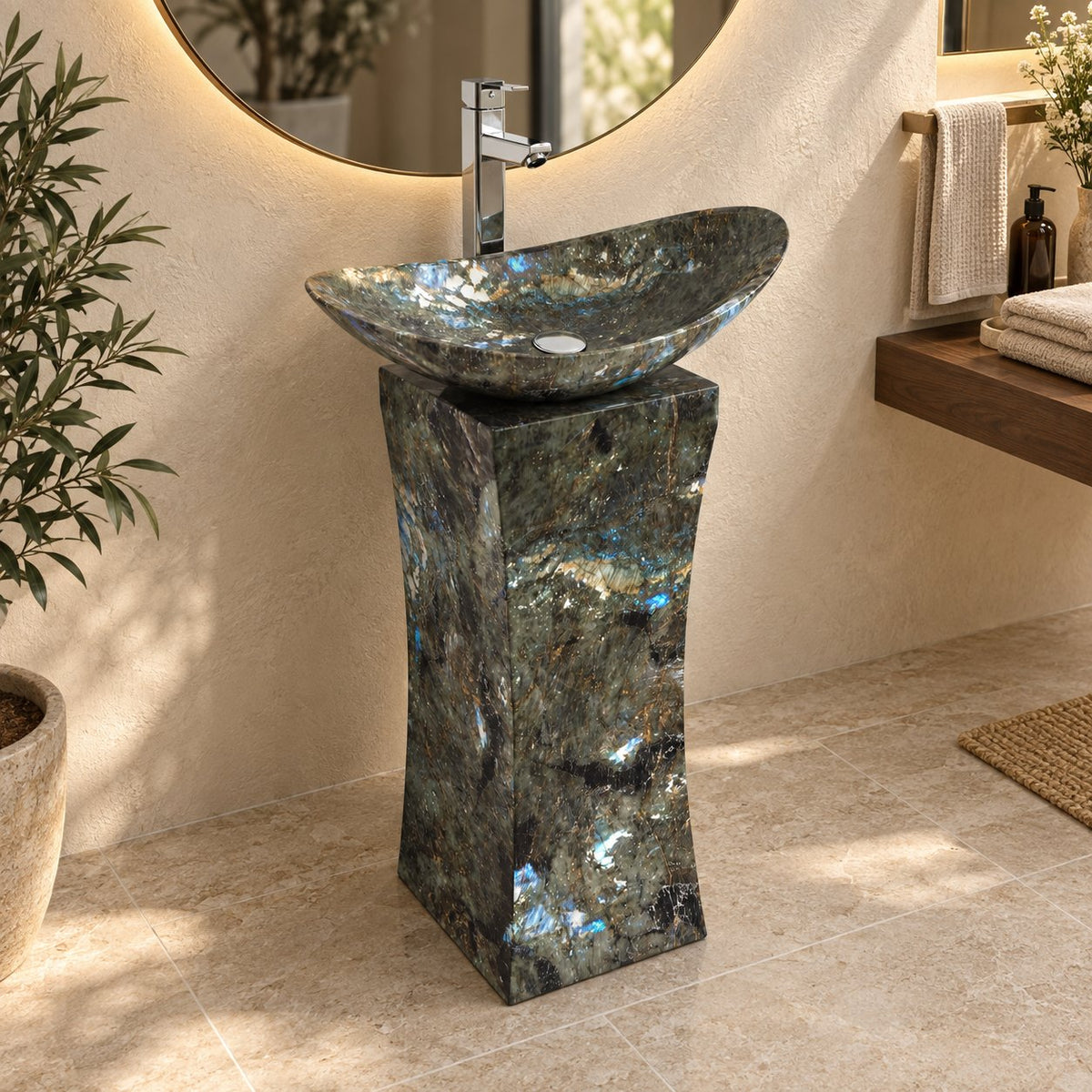 Payal Celestia Blue Quartzite Pedestal Sink — three-quarter full pedestal bathroom lifestyle