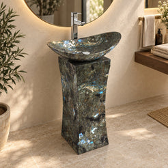 Payal Celestia Blue Quartzite Pedestal Sink — three-quarter full pedestal bathroom lifestyle