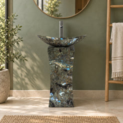 Payal Celestia Blue Quartzite Pedestal Sink — frontal full pedestal bathroom lifestyle