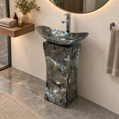 Payal Celestia Blue Quartzite Pedestal Sink — elevated opposite-side full pedestal bathroom lifestyle
