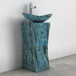 Payal Danube Blue Quartzite Pedestal Sink — complete oval basin and rectangular pedestal from rim to floor in a bathroom corner
