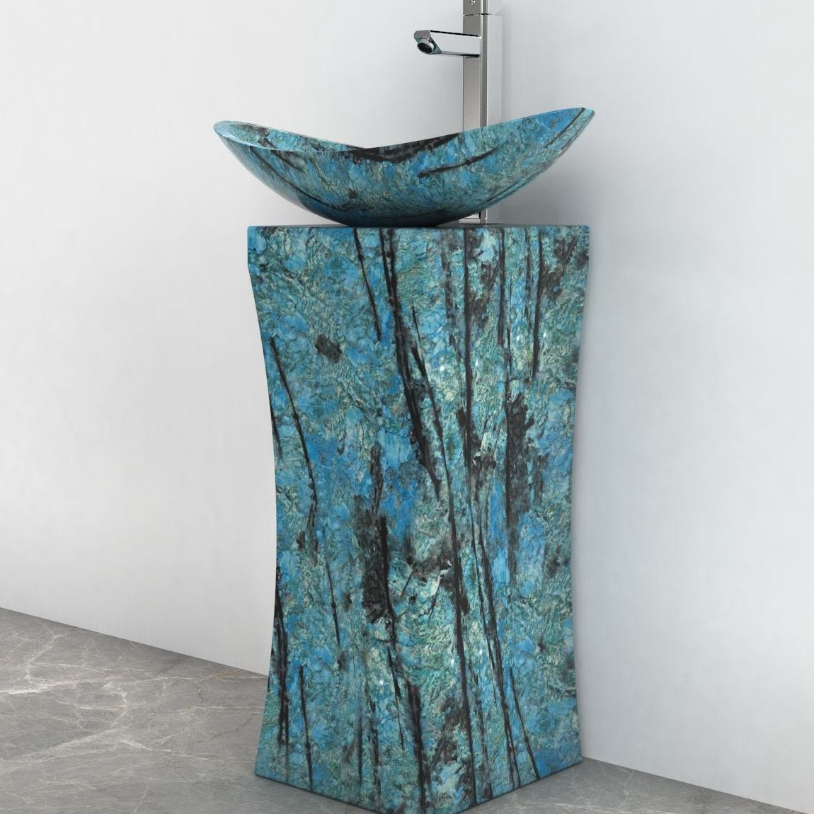 Payal Danube Blue Quartzite Pedestal Sink — alternate bathroom angle showing the full product and side profile