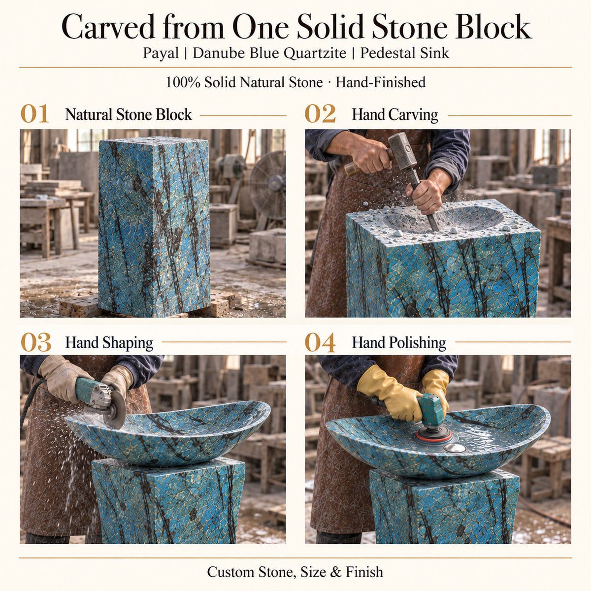 Payal Danube Blue Quartzite Pedestal Sink carved from one solid natural stone block with hand carving, shaping and polishing