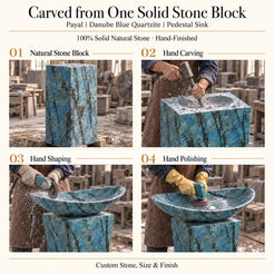 Payal Danube Blue Quartzite Pedestal Sink carved from one solid natural stone block with hand carving, shaping and polishing