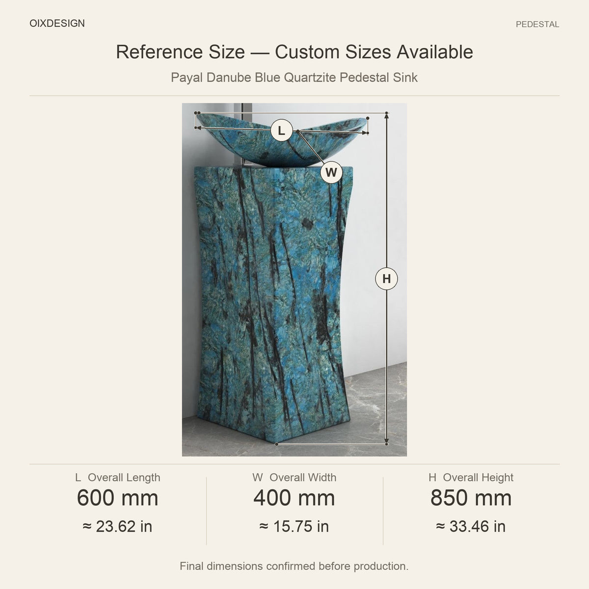 Payal Danube Blue Quartzite Pedestal Sink reference overall dimensions in millimeters and inches