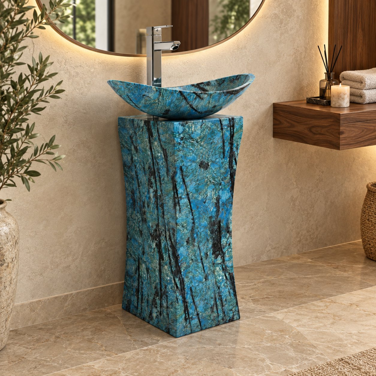 Payal Danube Blue Quartzite Pedestal Sink — three-quarter full pedestal bathroom lifestyle
