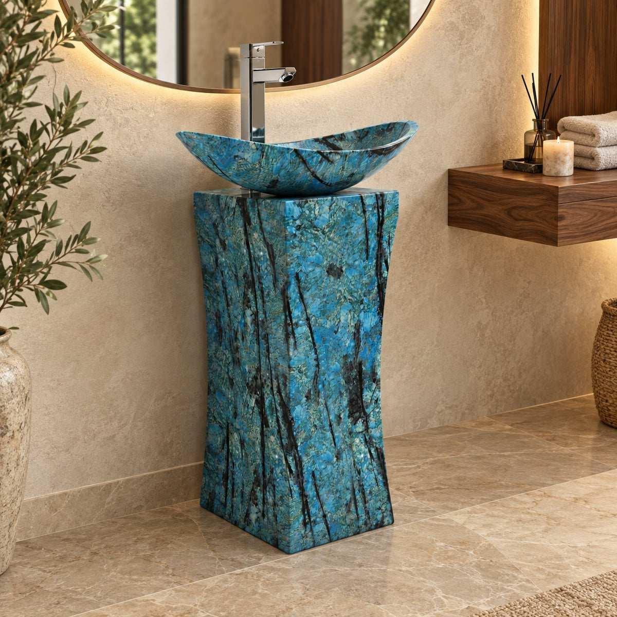 Payal Danube Blue Quartzite Pedestal Sink — three-quarter full pedestal bathroom lifestyle