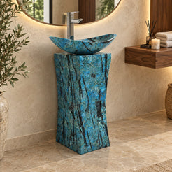 Payal Danube Blue Quartzite Pedestal Sink — three-quarter full pedestal bathroom lifestyle