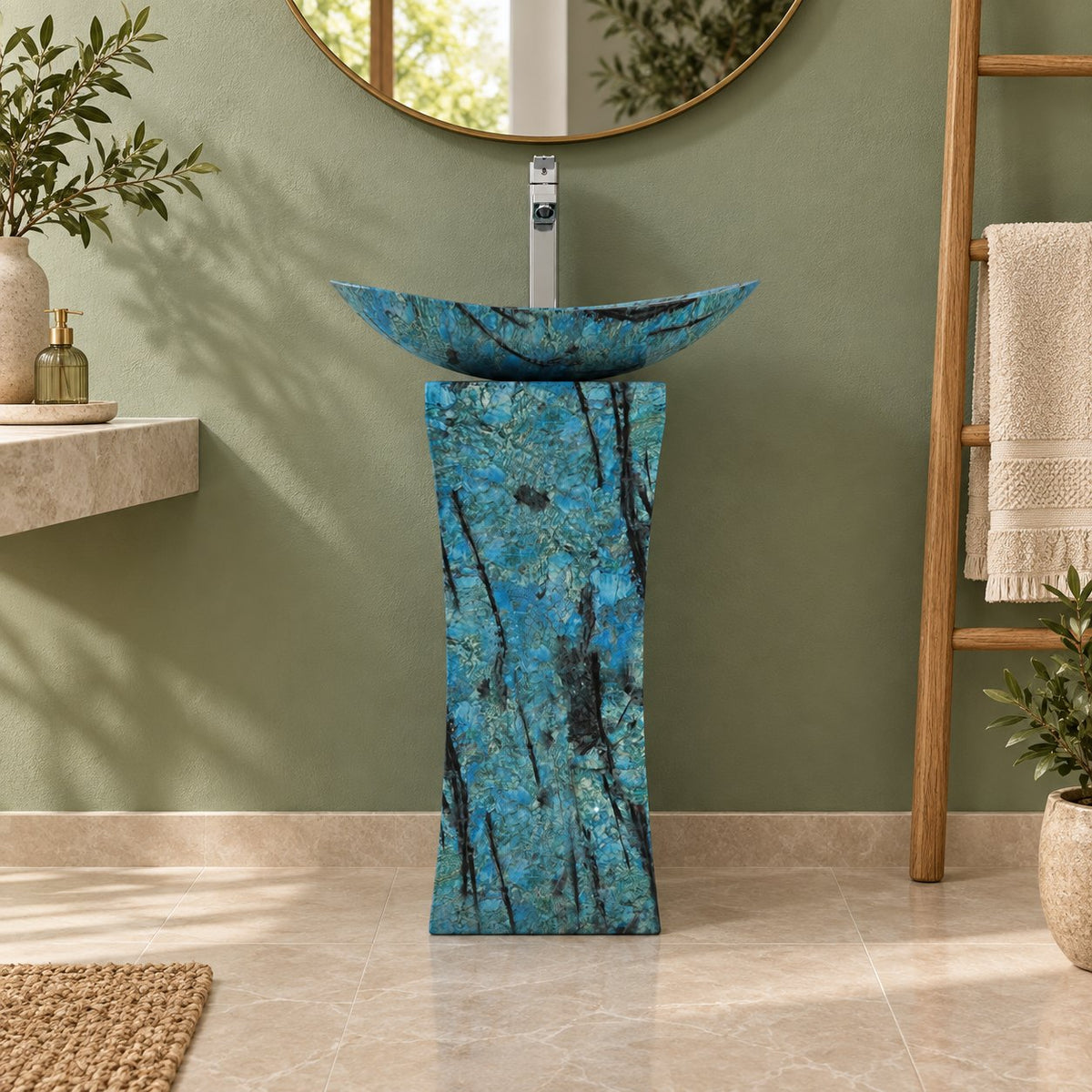 Payal Danube Blue Quartzite Pedestal Sink — frontal full pedestal bathroom lifestyle
