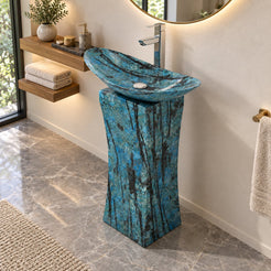 Payal Danube Blue Quartzite Pedestal Sink — elevated opposite-side full pedestal bathroom lifestyle