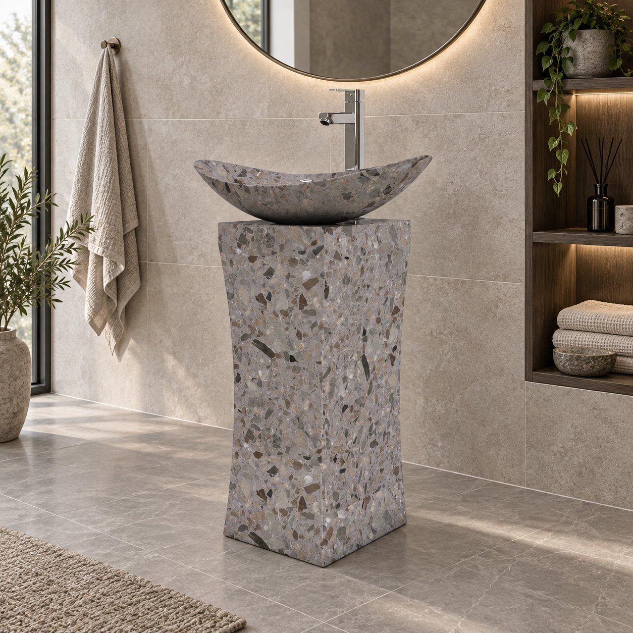 Payal Dark Terrazzo Pedestal Sink — three-quarter full pedestal bathroom lifestyle