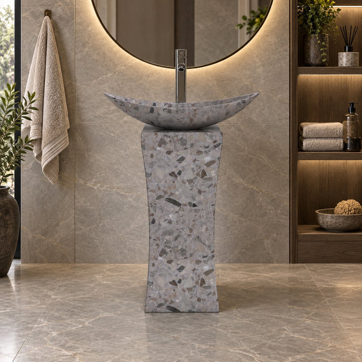 Payal Dark Terrazzo Pedestal Sink — low frontal full pedestal bathroom lifestyle