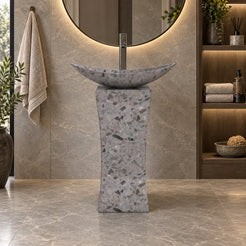 Payal Dark Terrazzo Pedestal Sink — low frontal full pedestal bathroom lifestyle
