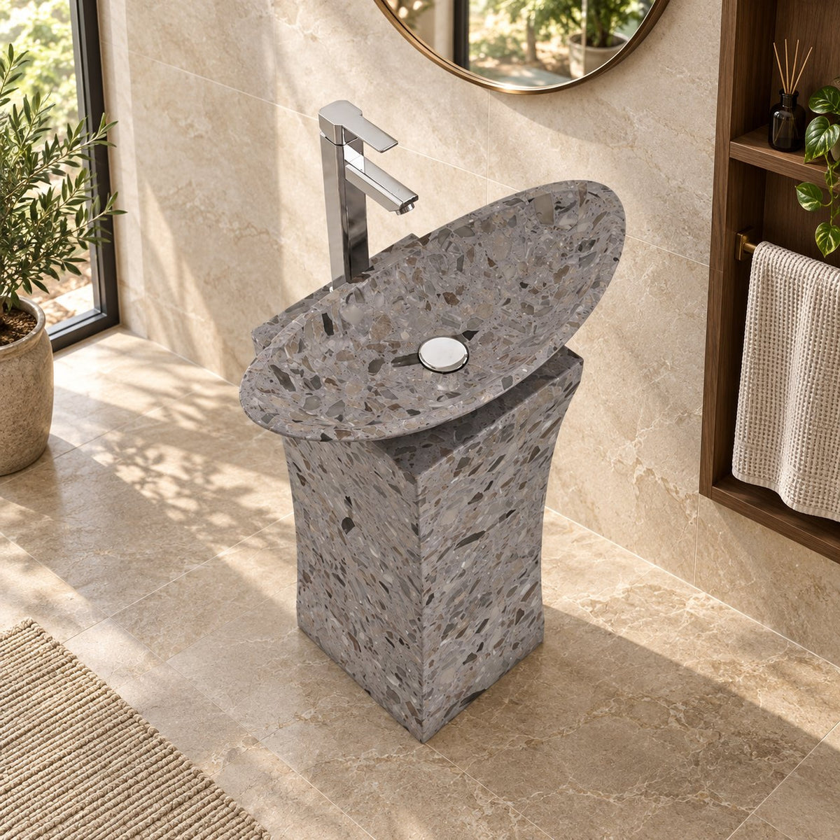 Payal Dark Terrazzo Pedestal Sink — elevated full pedestal bathroom lifestyle