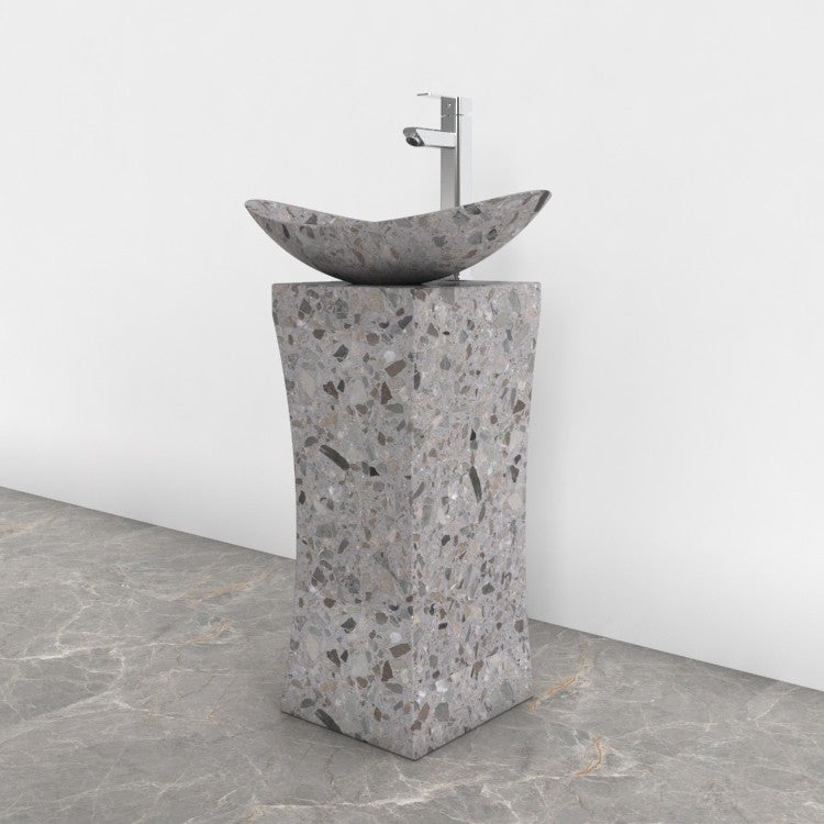 Payal Dark Terrazzo Pedestal Sink — complete floor-standing sink in a bathroom corner