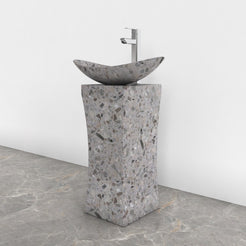 Payal Dark Terrazzo Pedestal Sink — complete floor-standing sink in a bathroom corner
