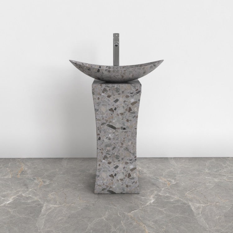 Payal Dark Terrazzo Pedestal Sink — front room view of the full-height pedestal