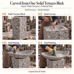 Payal Dark Terrazzo Pedestal Sink carved from one solid terrazzo block with hand carving, shaping and polishing