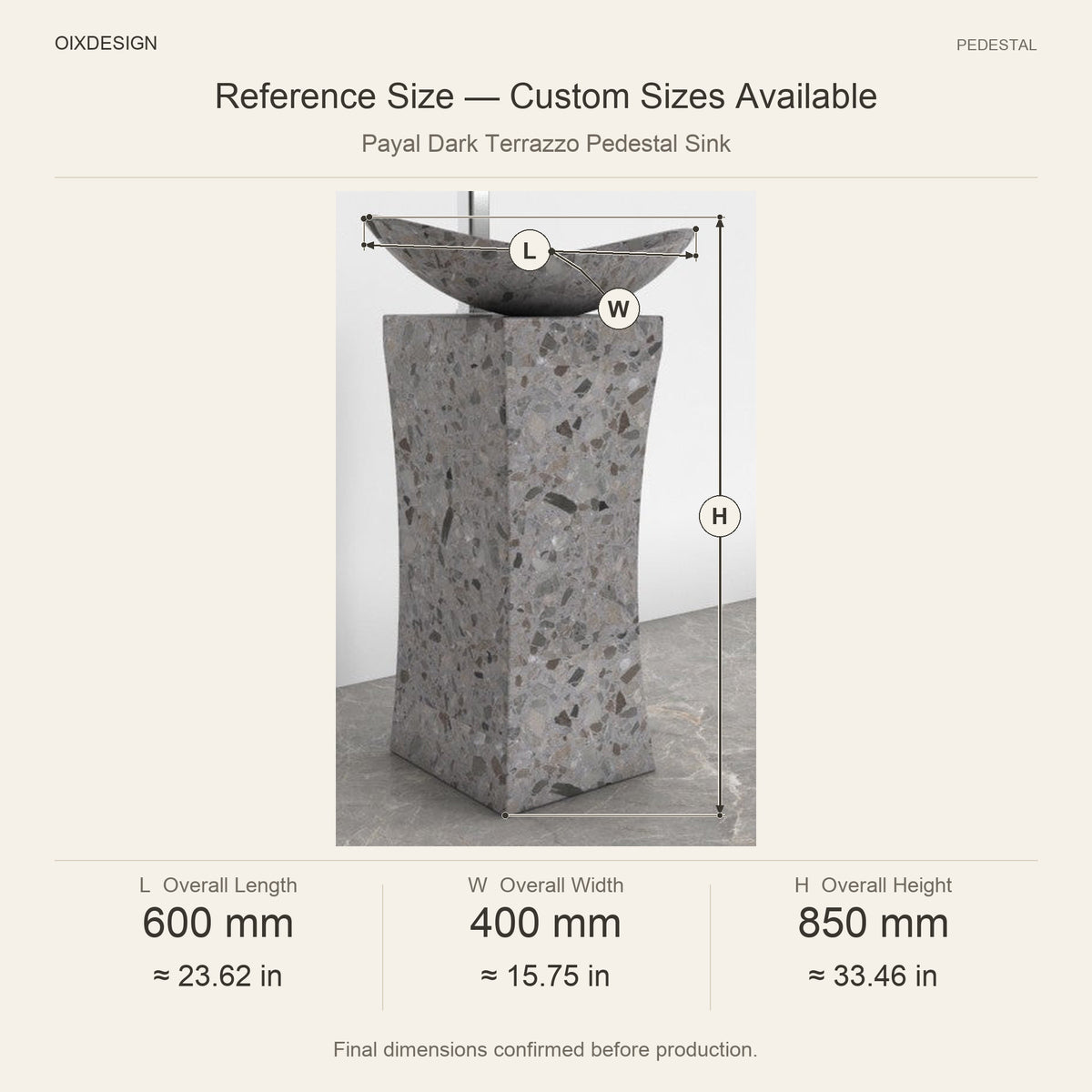 Payal Dark Terrazzo Pedestal Sink reference overall dimensions in millimeters and inches