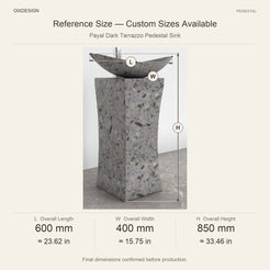 Payal Dark Terrazzo Pedestal Sink reference overall dimensions in millimeters and inches